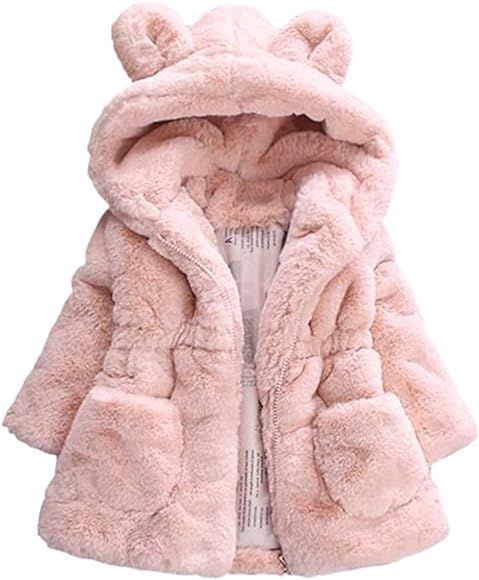 Baby Little Girls Winter Fleece Coat Kids Faux Fur Jacket with Hood Thicken Outwear Warm Overcoat | Amazon (US)