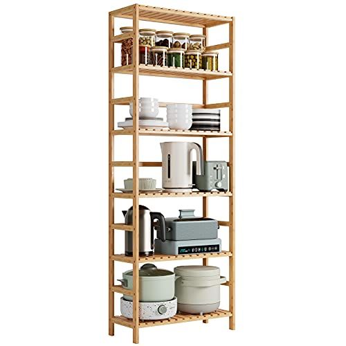 6-Tier Bamboo Shelf, Free Standing Display Bookcase Bathroom Storage Shelf Plant Flower Stand Rack S | Amazon (US)