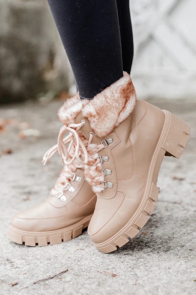 Lizzie Nude Fur Detail Combat Boot | Pink Lily