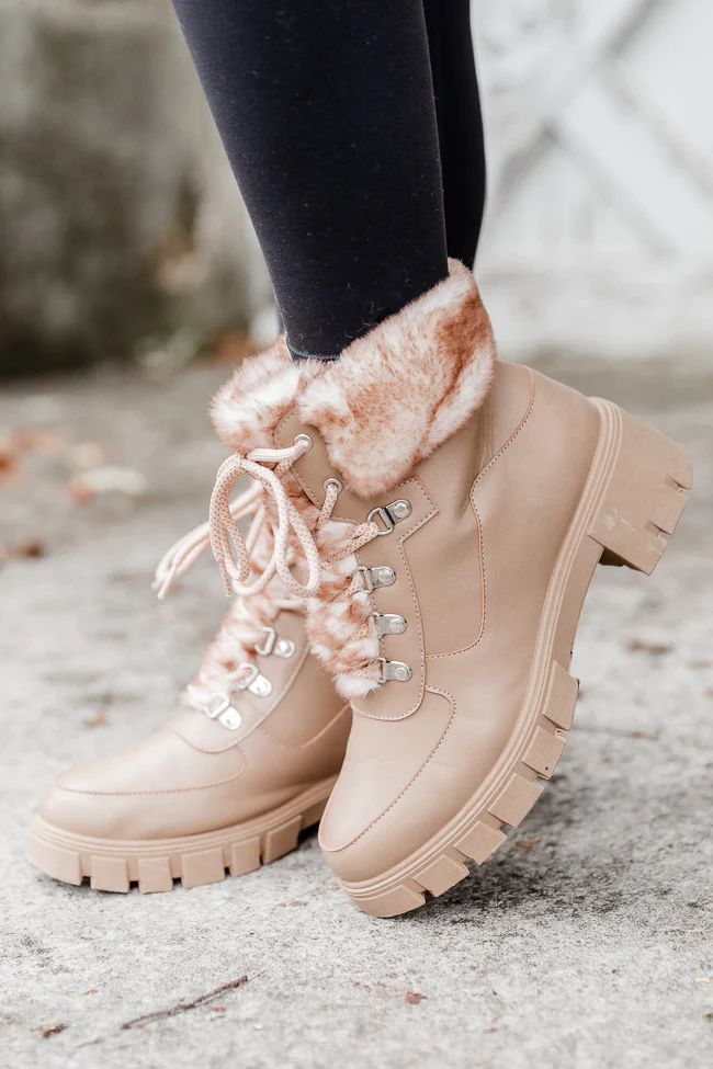 Lizzie Nude Fur Detail Combat Boot | Pink Lily