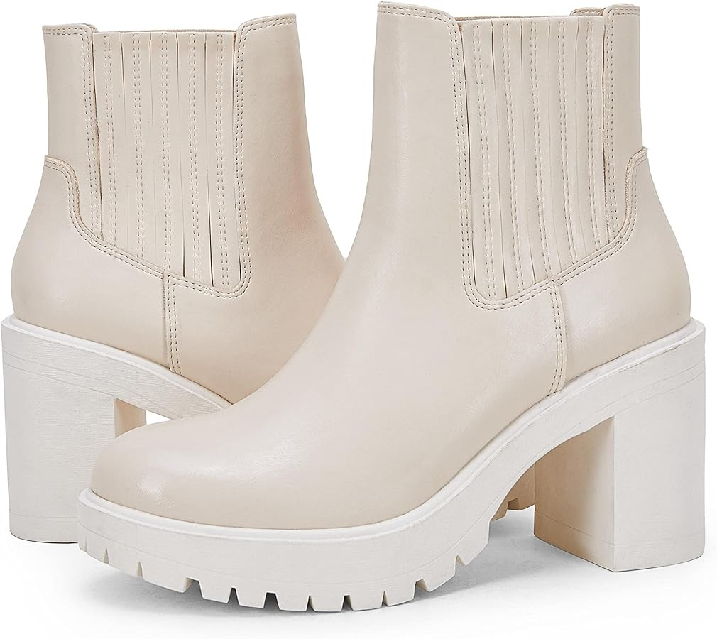 Womems Platform Lug Sole Ankle Boots Chunky Block Heel Seam Booties Combat Cozy Round Toe Chelsea... | Amazon (US)