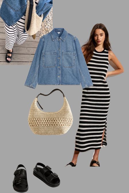 Summer stripes and the perfect denim shirt with chunky sandals and a crossbody straw bag