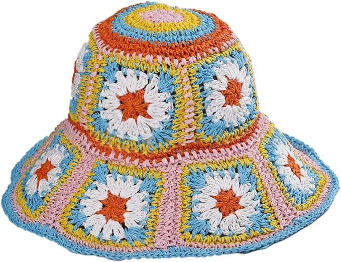 Womens Straw Sun Hat Floral Woven Bucket Hat Fishing Hat Beach Hat Hand Woven Foldable Cap | Amazon (US)
