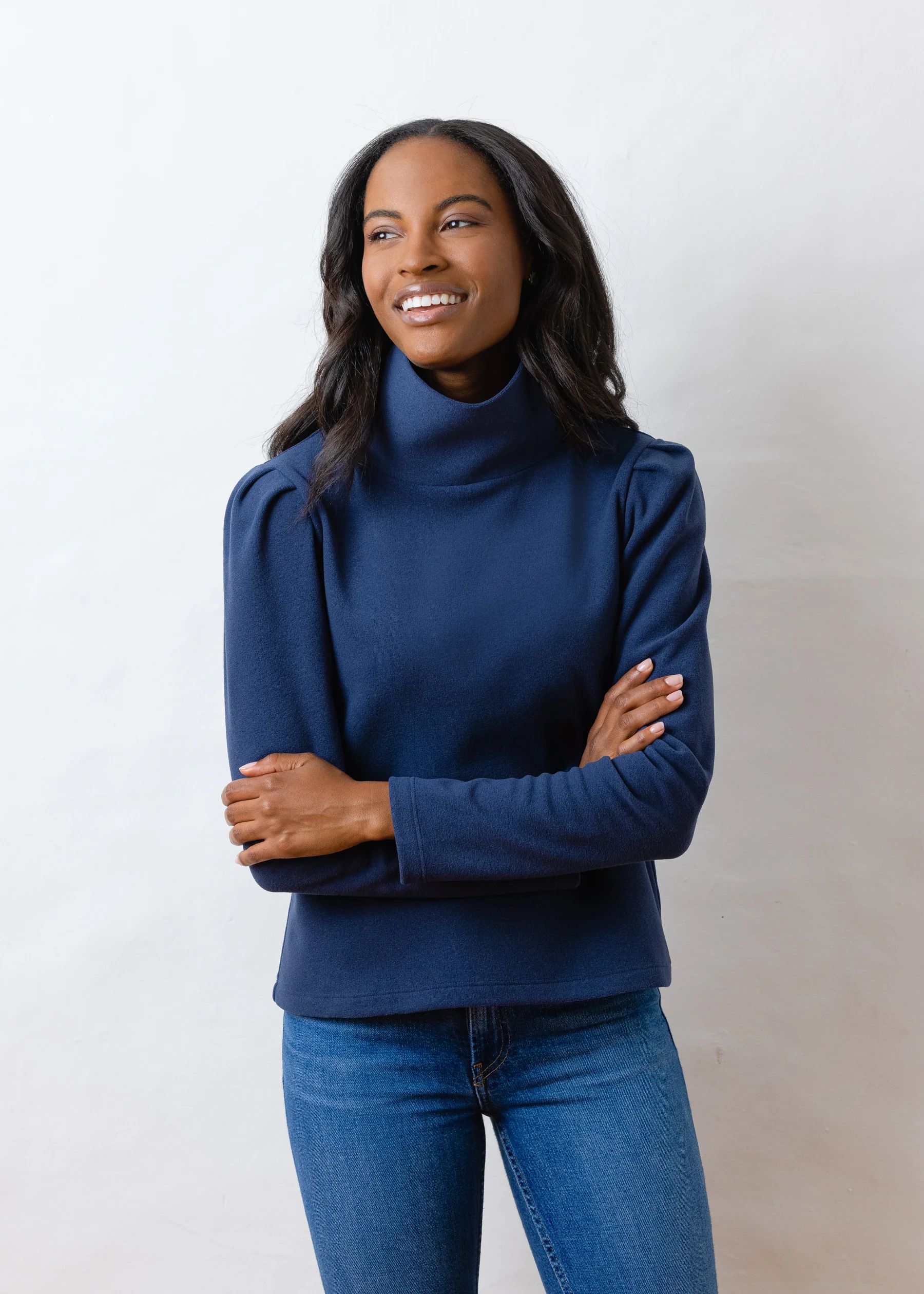 Palmer Puff Sleeve Turtleneck in Terry Fleece (Navy) | Dudley Stephens