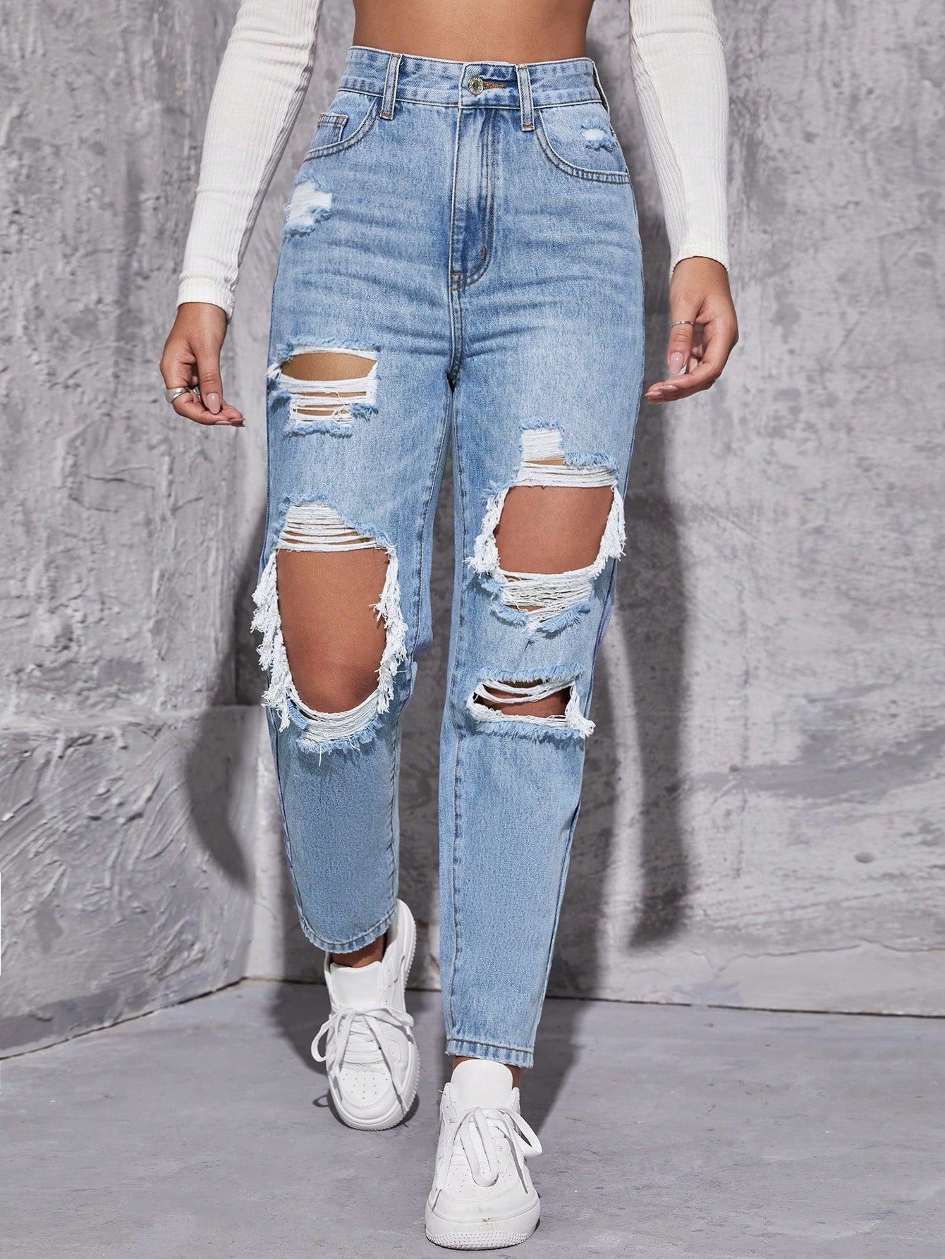 SHEIN High Waist Straight Leg Ripped Jeans | SHEIN