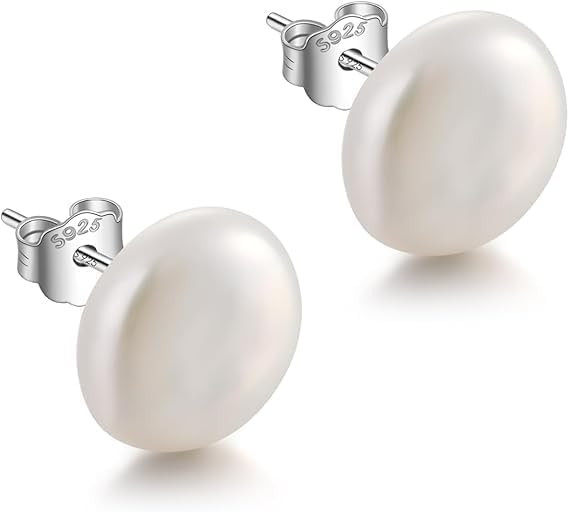 JaruJaru S925 Sterling Silver Freshwater Pearl Stud Earrings 9-14mm, Genuine Flat/Coin Baroque Pe... | Amazon (US)