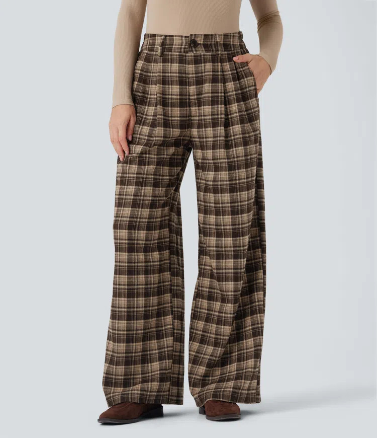 High Waisted Plaid Wide Leg Casual Pants with Pockets | HALARA