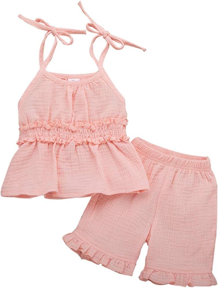 2PCS Toddler Baby Girls Summer Short Set Clothes Ruffle Dress Top + Pants Set Linen Outfits | Amazon (US)