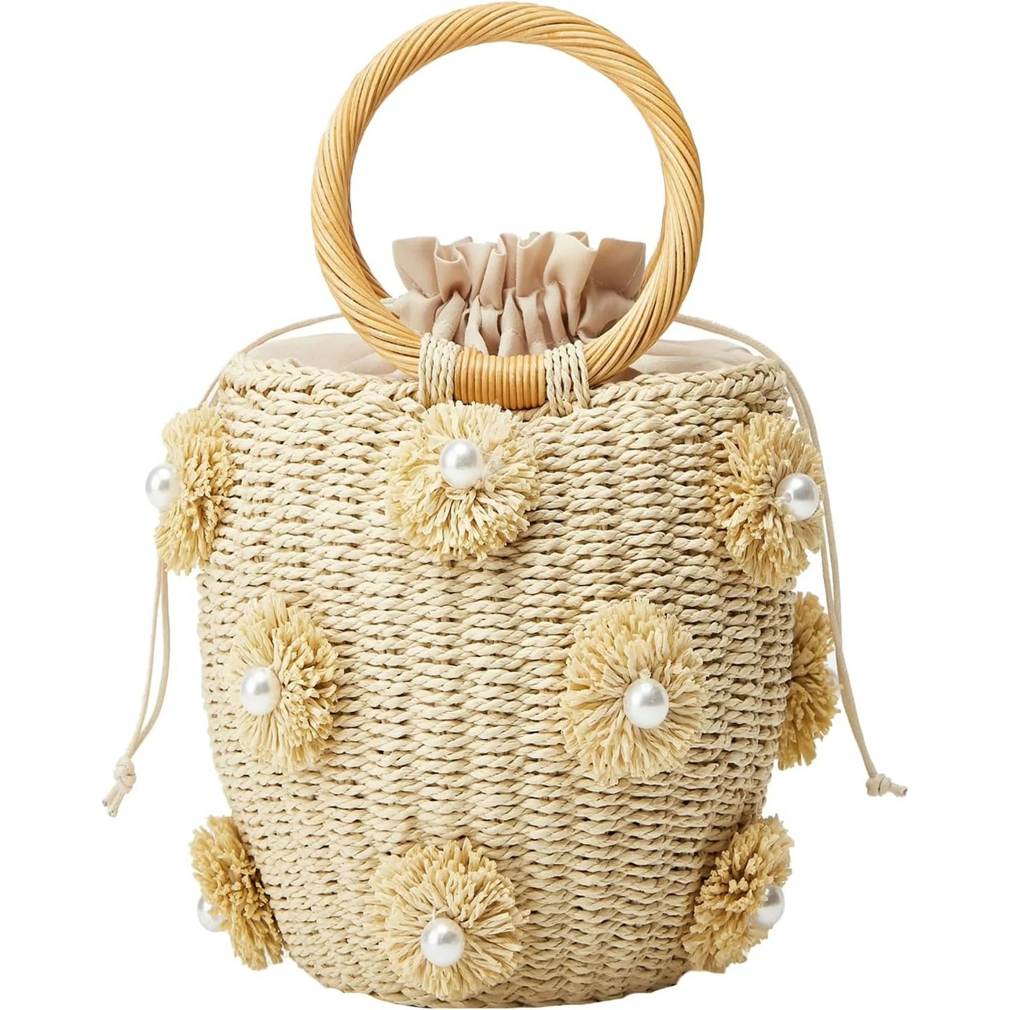 Summer Straw Women's Bags Pearl Flower Bucket Handbags Rhombus Handbags Woven Rattan Shell Handba... | Walmart (US)