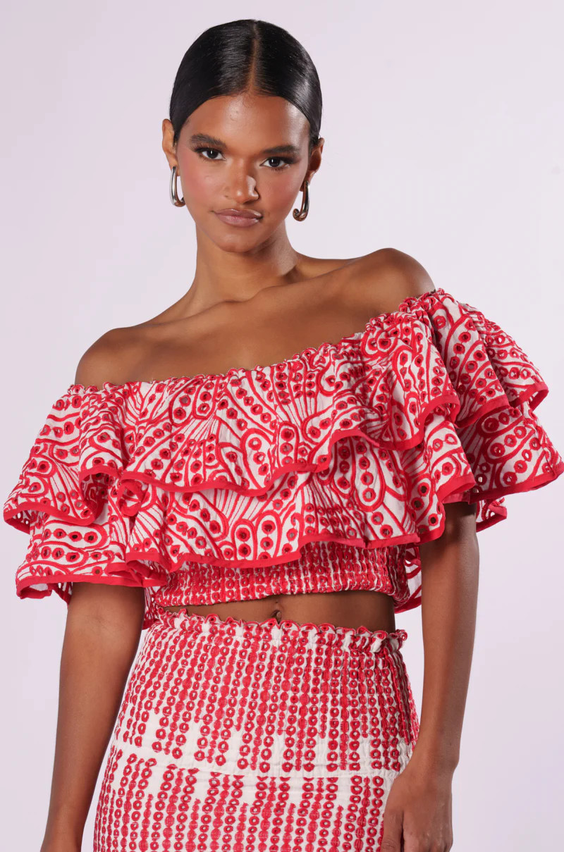 SUMMER LOVING OFF THE SHOULDER RUFFLE CROP BLOUSE | AKIRA
