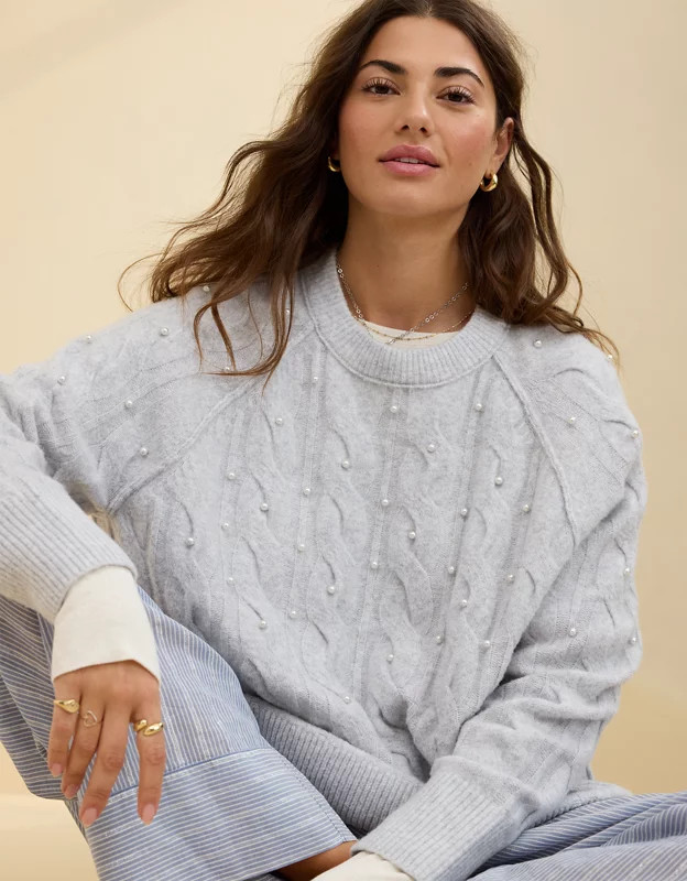 Aerie unREAL Cable Pearl Crew Sweater | Aerie