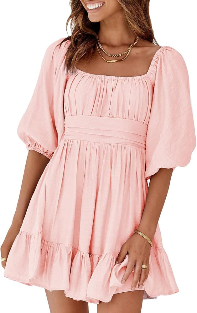 Dokotoo Womens Square Neck Summer Dress Tie Back Long Lantern Sleeve Ruffle A-Line Casual Mini Dr... | Amazon (US)