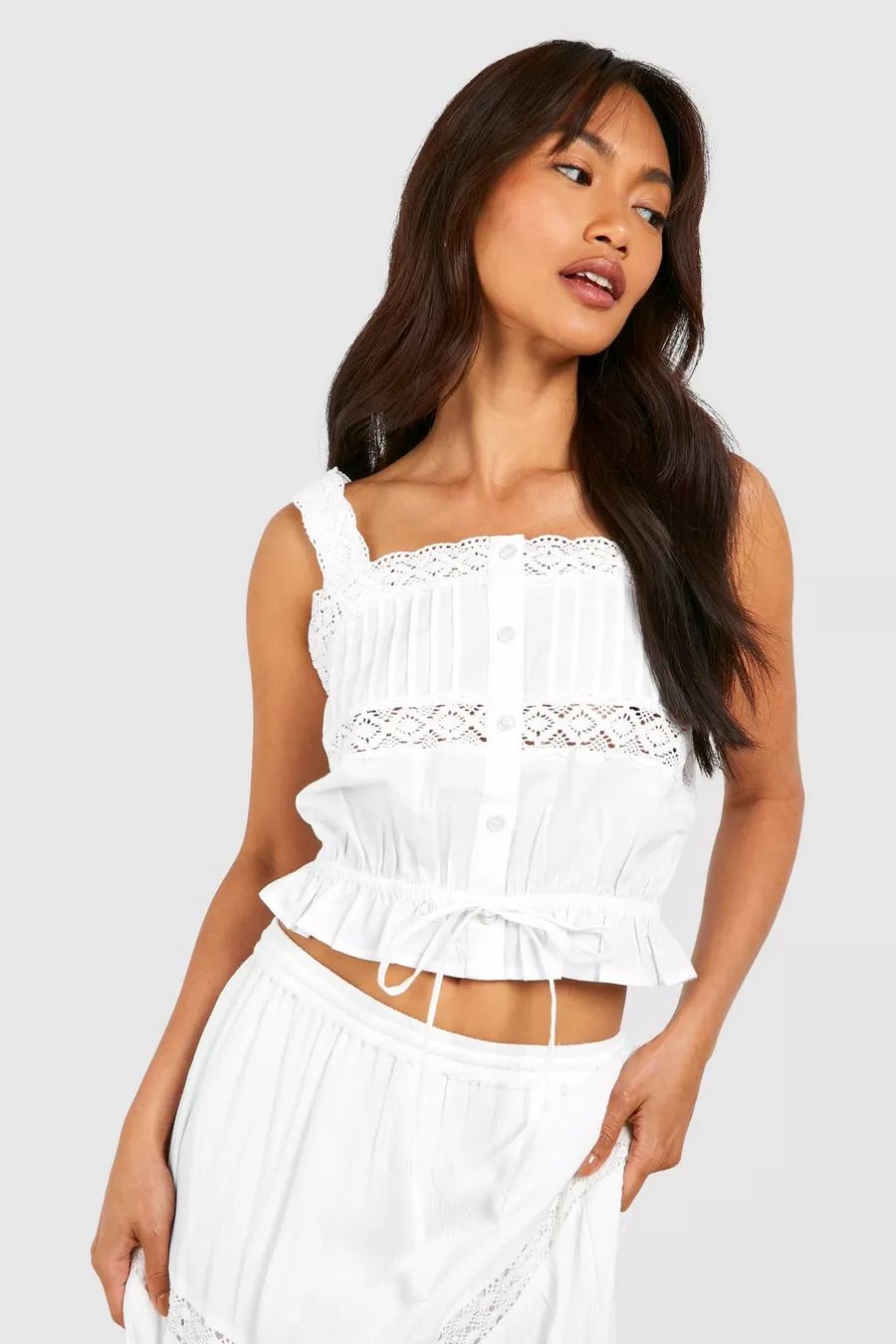 Cotton Lace Detail Strappy Crop Top | boohoo (US & Canada)