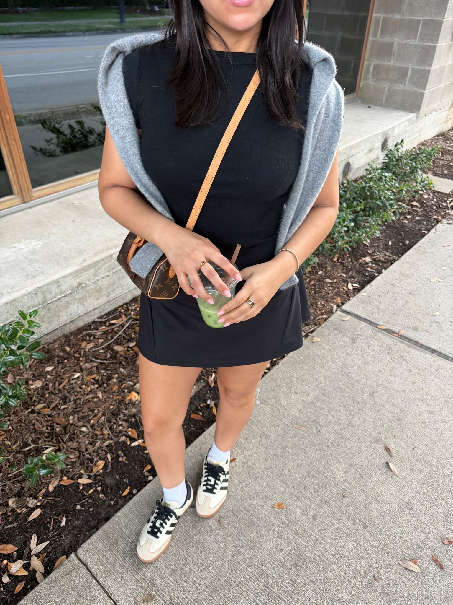 Matcha run outfit 
Tee: small 
Skort: small 
Cardigan: xs 
Adidas sambas sneakers: 6 women 
White socks 
Nano speedy bag 

#LTKootd #LTKmorningroutine #LTKActive