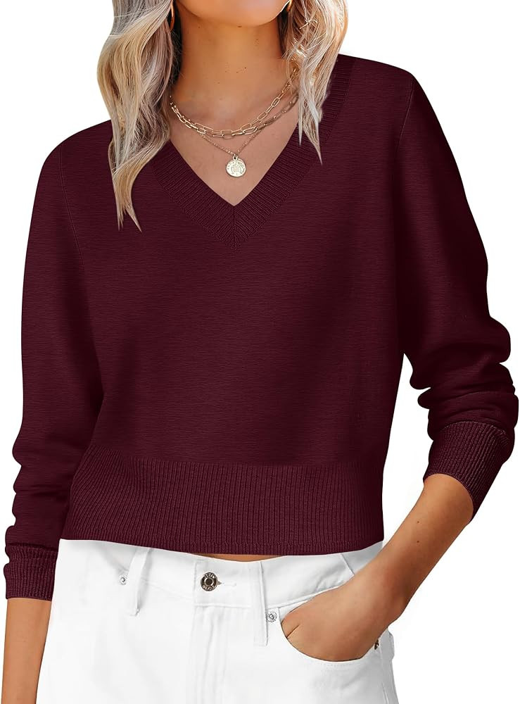ANRABESS Women\u2019s Long Sleeve V Neck Cropped Sweaters Fall Outfits | Amazon (US)