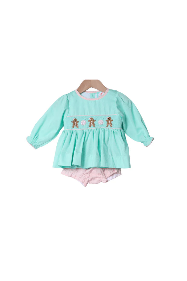 Smocked Gingerbread Sweets Mint Bloomer Set | The Smocked Flamingo