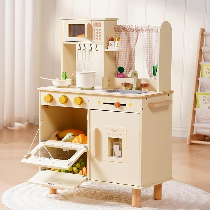 ROBOTIME Wooden Play Kitchen Set for Kids, Pretend Toddler Kitchen with Microwave, Sink, Stove & ... | Amazon (US)
