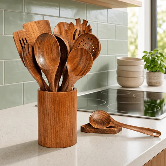 Swayvoo Wooden Spoons for Cooking — 11-Piece 100% Natural Teak Kitchen Utensil Set with Holder ... | Walmart (US)
