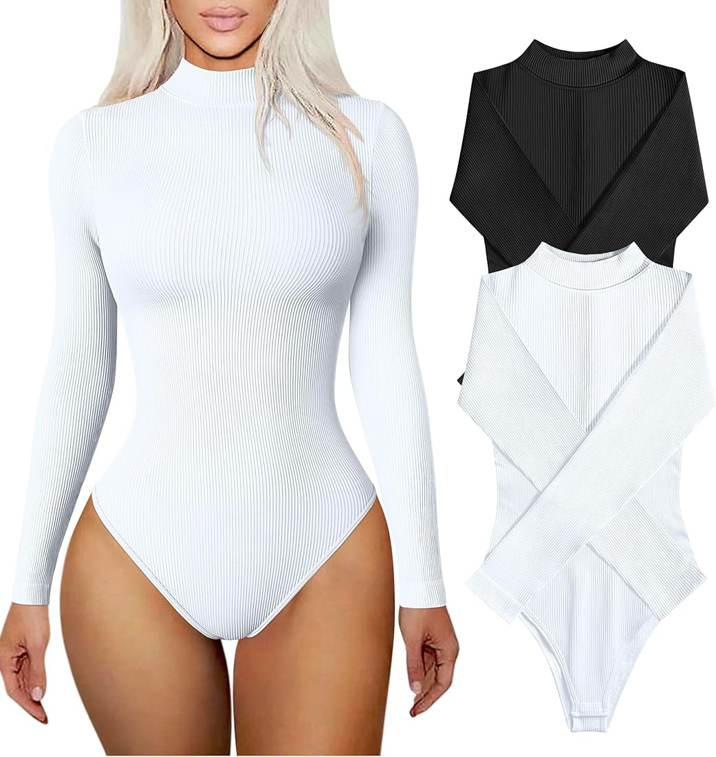 TOB Women's 2 Piece Bodysuits Sexy Ribbed Long Sleeve High Neck Tops Bodysuits | Amazon (US)