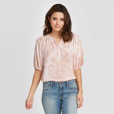 Women's Short Sleeve Crewneck Dye Effect Button-Down Placket Top - Universal Thread™ Brown | Target