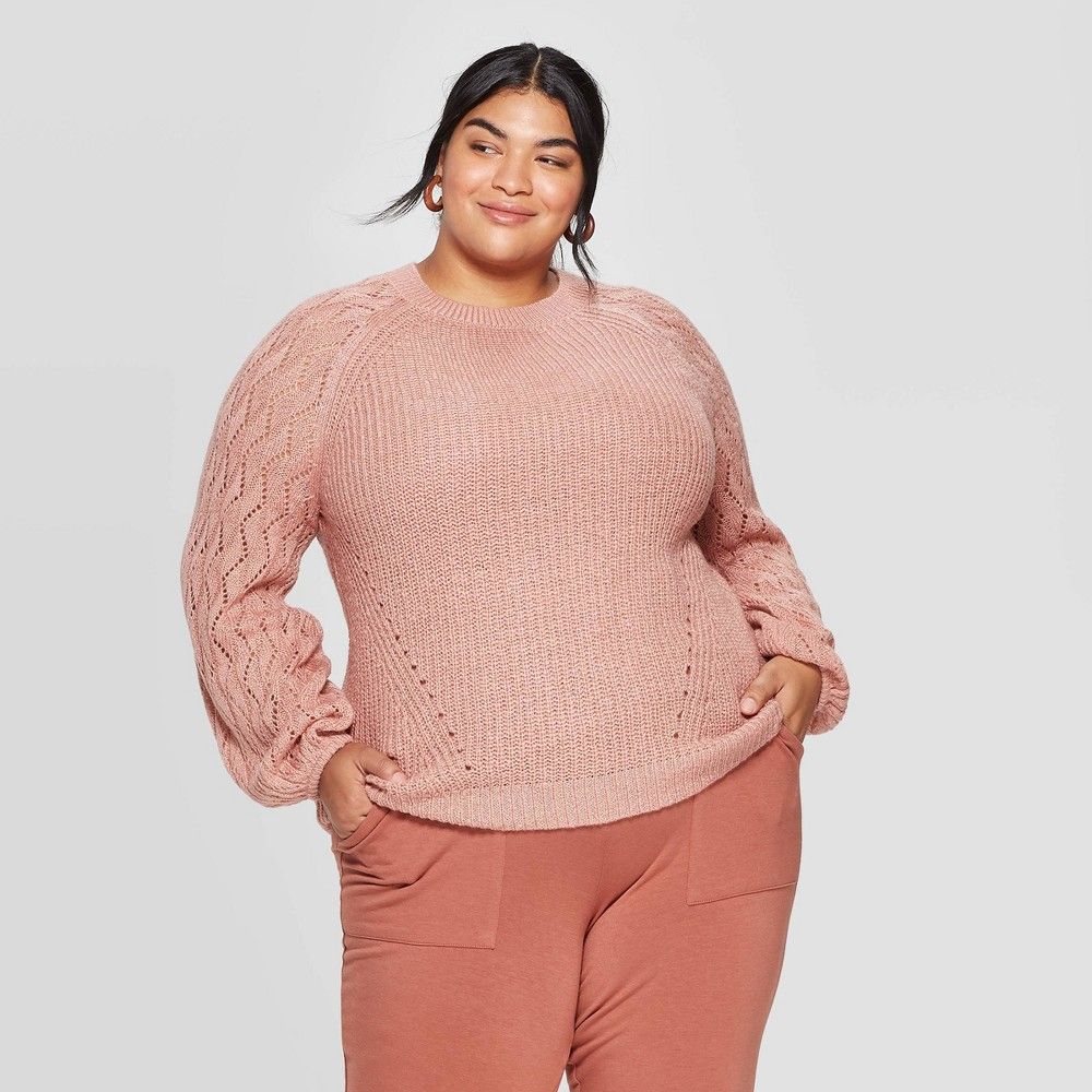 Women's Plus Size Crewneck Stitch Detail Pullover Sweater - Ava & Viv Pink X | Target