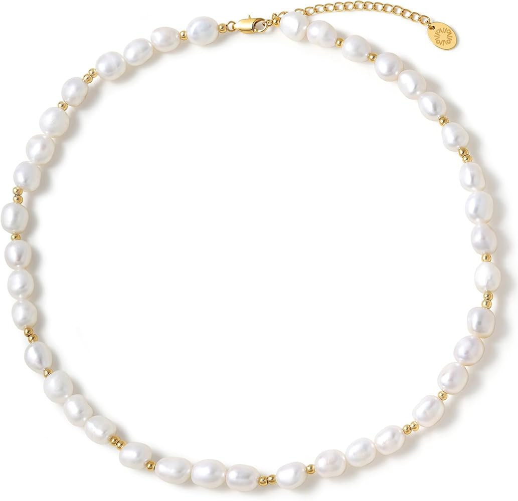 Gold Bead Baroque Pearl Necklace for Women, 8-12mm AAA Freshwater Pearls, 18K Gold PVD-Coated Adj... | Amazon (US)