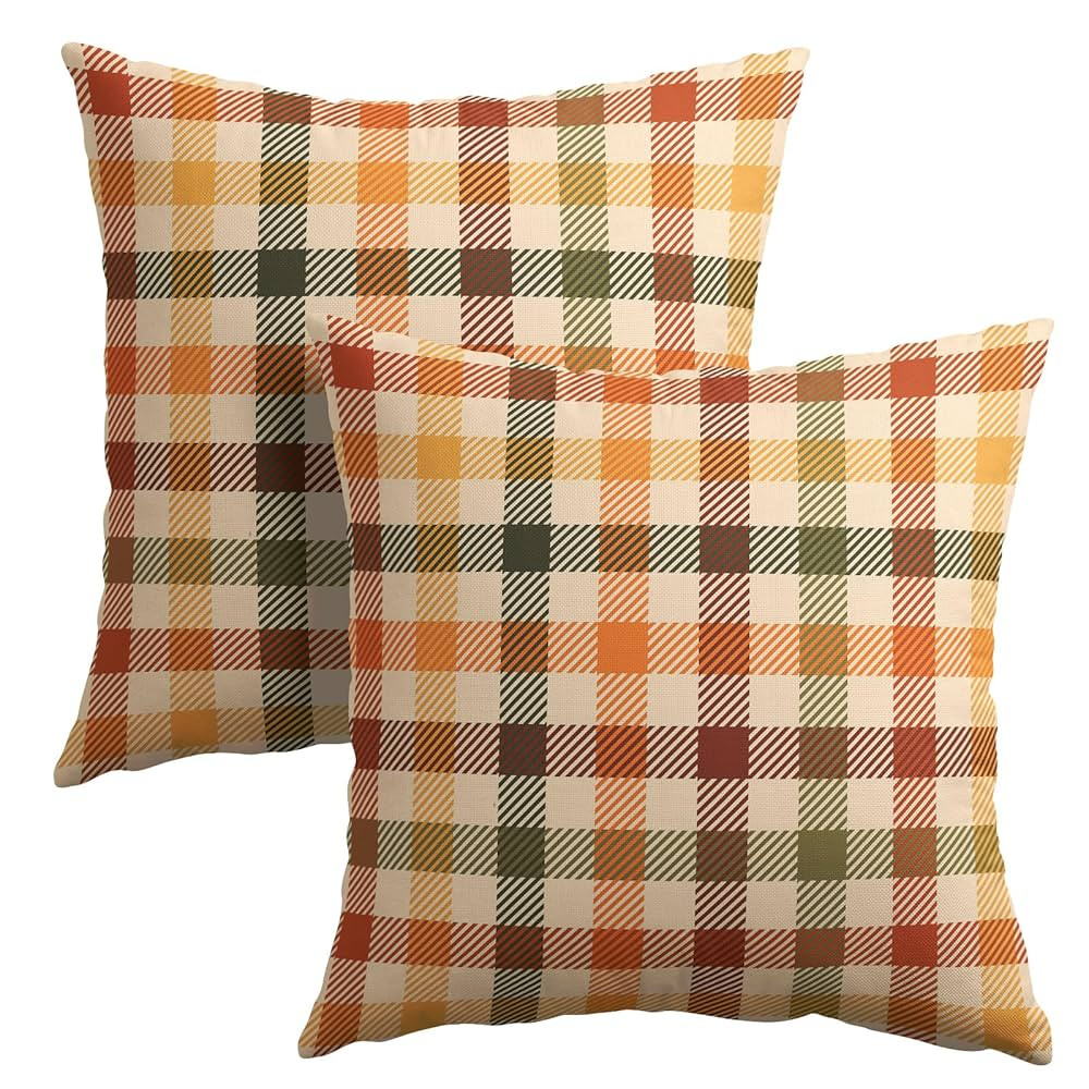 Fall Plaid Pillow Covers 20x20 inch Set of 2 Brown Orange Buffalo Check Thanksgiving Decorative O... | Amazon (US)