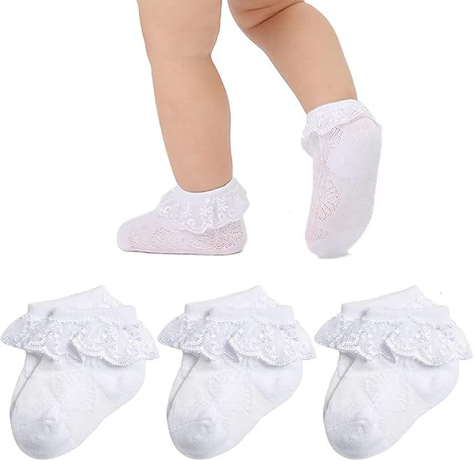 Baby Lace Socks Baby Girl Double/Eyelet Lace Ruffle Frilly Socks for Newborn Infant and toddlers ... | Amazon (US)