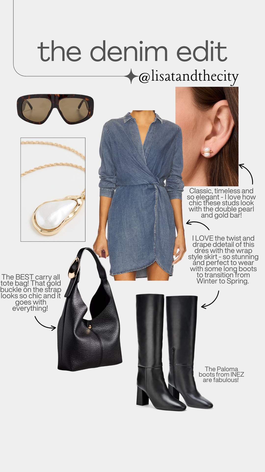 The denim edit, but make it chic 💙 This wrap-style denim dress is the ultimate elevated everyday piece—styled with classic knee-high leather boots, a timeless black tote, pearl stud earrings, and oversized sunglasses for that effortless Parisian-inspired look. Perfect for winter-to-spring outfits, casual date nights, or polished everyday style, this is a capsule wardrobe staple you’ll wear on repeat. Everything is linked on my LTK for easy shopping. #DenimDress #DenimEdit #SpringStyle #WinterToSpring #CapsuleWardrobe #EffortlessChic #EverydayOutfit #LTKStyle #LTKFinds #Lisatandthecity 

 

#LTKootd #LTKSeasonal #LTKOver40