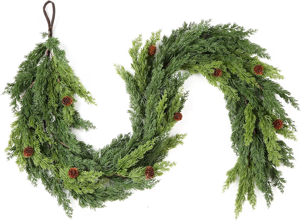 9FT Christmas Garland, Cedar Garland -Realistic Greenery Cypress Pine Garland with Pinecone for Mantle Table Railing Fireplace Indoor & Outdoor Christmas Decoration | Amazon (US)