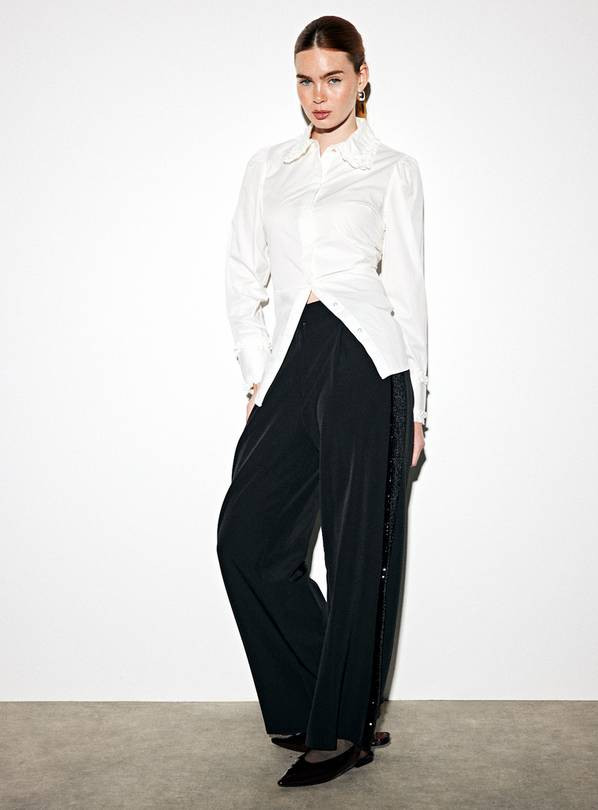 Black Tailored Sequin Side Panel Wide Leg Trousers  10L | Tu Clothing