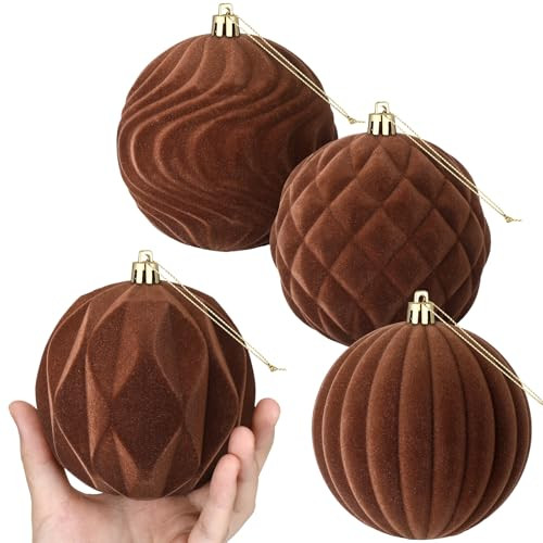 Blueweenly 4 Pcs 4 Inch Large Velvet Christmas Ball Ornaments Vintage Christmas Plastic Ball Ornaments Flocked Christmas Tree Hanging Ornament for Xmas Party Wedding Home Decor(Brown) | Amazon (US)