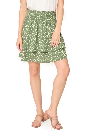 GIBSONLOOK Isla Print Smocked Waist Skirt in Dark Olive Dot Print at Nordstrom Rack, Size X-Large | Nordstrom Rack