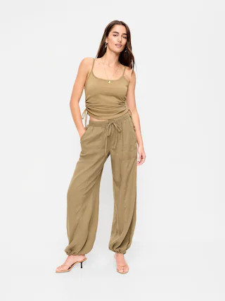 Mid-Rise Linen-Blend Cinched-Ankle Pants | Old Navy (CA)