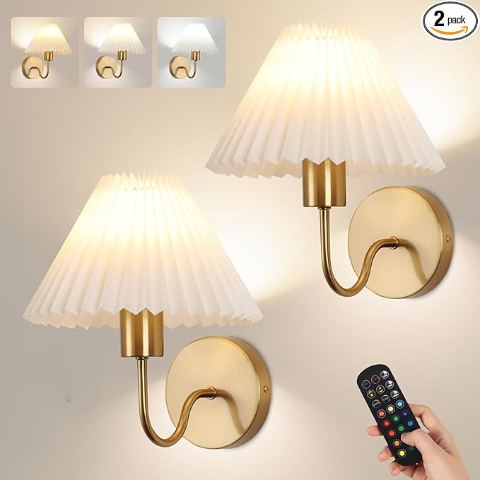 Wireless Wall Sconce Sets of 2, Pleated Shades Rechargeable Battery Operated Wall Sconce, Retro g... | Amazon (US)