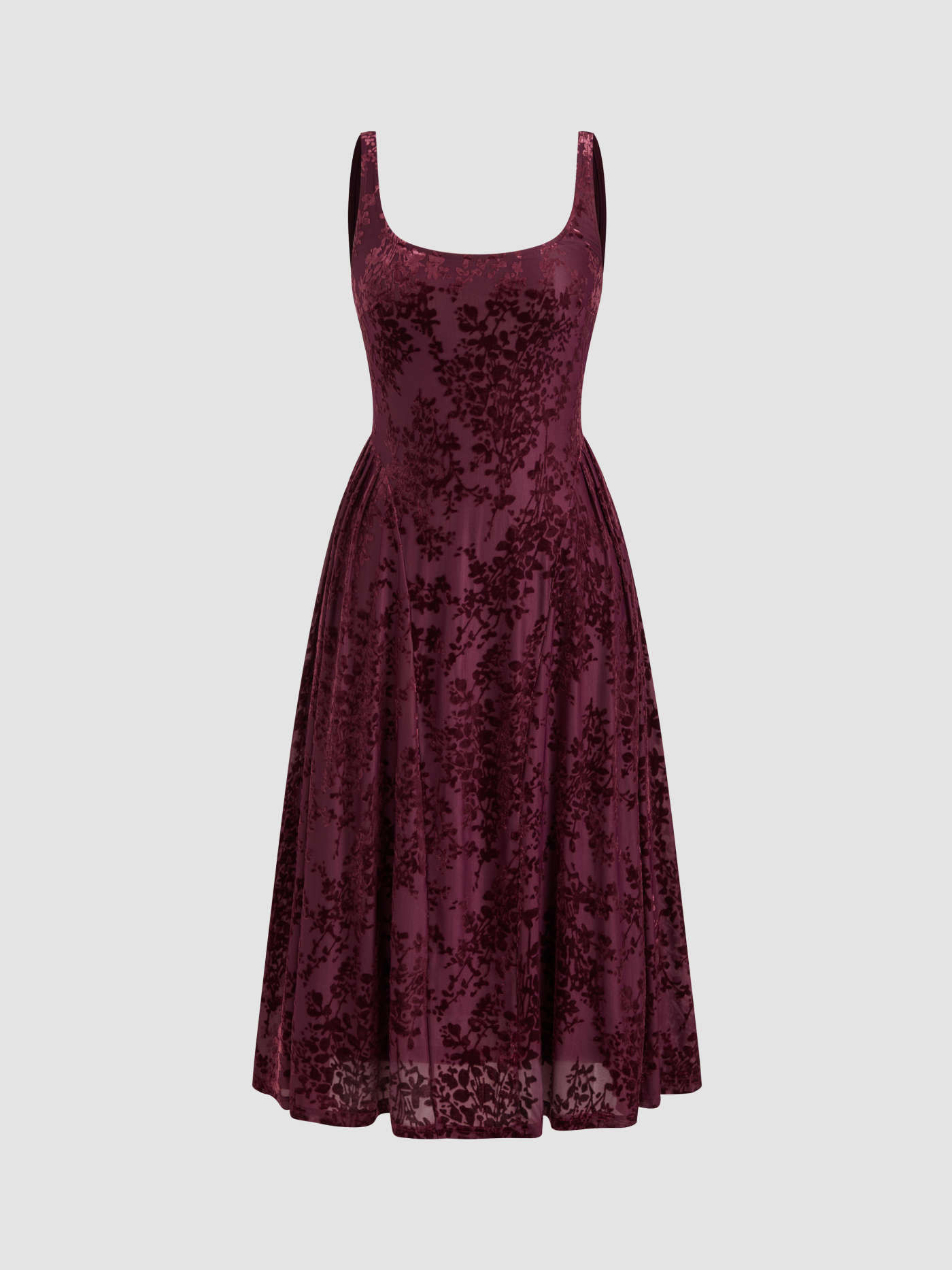Velvet U-neckline Floral Pleated Midi Dress | Cider