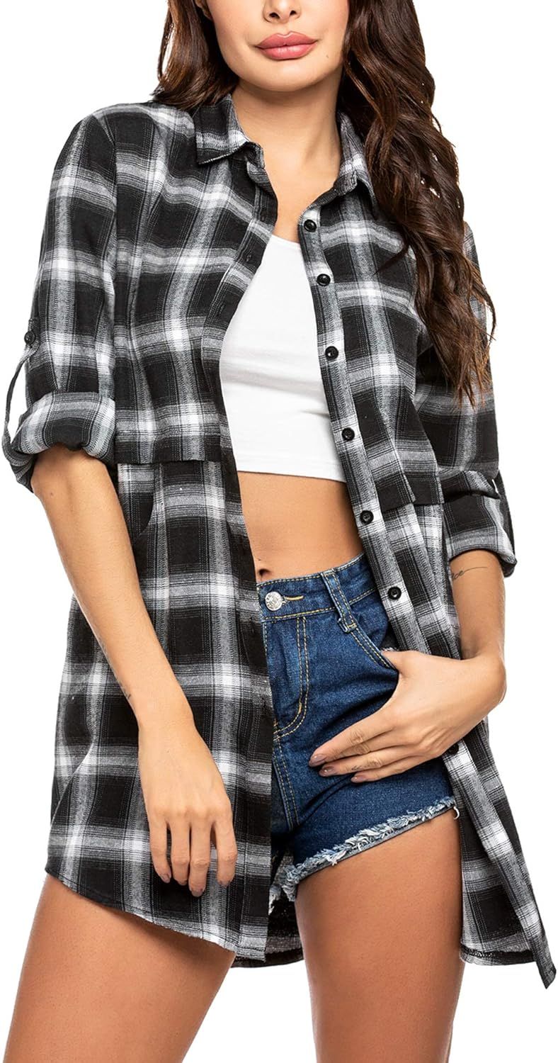Hotouch Womens Flannel Plaid Shirts Roll Up Long Sleeve Pockets Mid-Long Casual Boyfriend Shirts | Amazon (US)