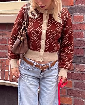 Tankaneo Womens Cropped Cardigan Sweater Fall Argyle Button Down Knit Tops | Amazon (US)