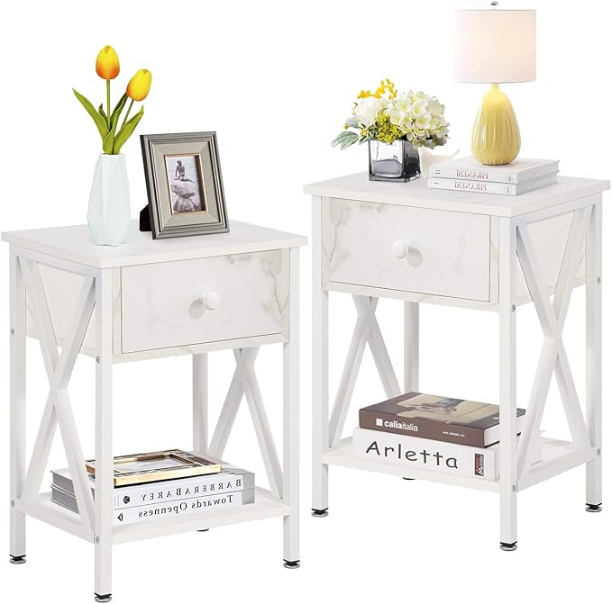 VECELO Vintage Nightstand,End Side Table with Drawer and Shelf,X-Design Legs,Home Decoration for ... | Amazon (US)