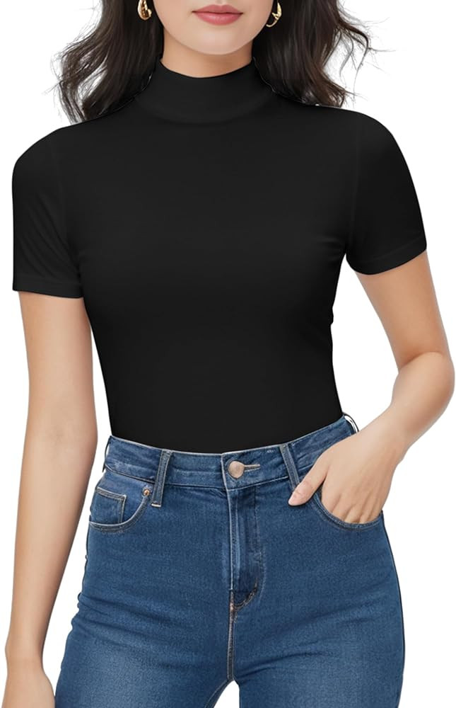 Mock Turtleneck Short Sleeve Tops for Women,Womens Mock Neck Fitted Tops Floral Print Base Layer ... | Amazon (US)