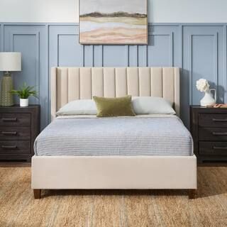 Brookside Adele Light Brown Oat Upholstered King Platform Bed Frame with a Vertical Channel Tufte... | The Home Depot