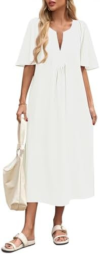 Wenrine Womens Flutter Short Sleeve Maxi Dress Casual V Neck Side Slit Pleated Loose Flowy Summer... | Amazon (US)