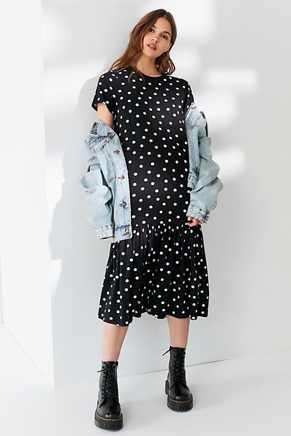UO Polka Dot Peplum Midi T-Shirt Dress - Black XS at Urban Outfitters | Urban Outfitters (US and RoW)