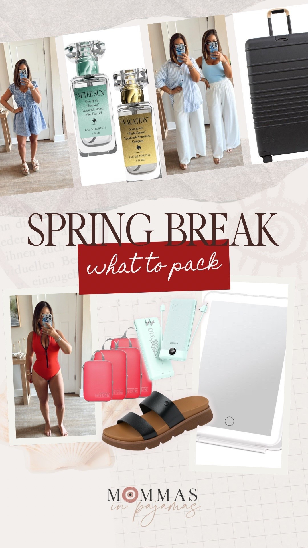 How is it spring break already?! These are my must-haves for a spring break trip:
Black oversized suitcase from my favorite luggage brand: (the quality is 10/10 and completely worth the splurge)
Compression packing cubes: these make me feel like I never overpack and keep me organized 
Portable charger: never run out of battery and miss the photos/videos 
Travel mirror: getting ready in hotels is always tough with the lighting, but this mirror is a game changer 
Warm weather clothes: full bust friendly swimsuit, super comfy sandals, designer inspired romper, linen pants and top and my favorite spring/summer perfume 

#LTKPetite #LTKMidsize #LTKSeasonal
