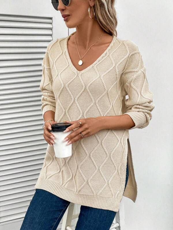 SHEIN LUNE Argyle Knit Drop Shoulder Split Hem Sweater | SHEIN