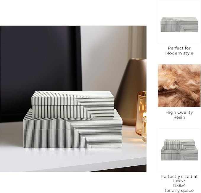 Set of 2 Ridged Decorative Storage Box with Lid - Resin & MDF - Modern Decorative Box for Home De... | Amazon (US)