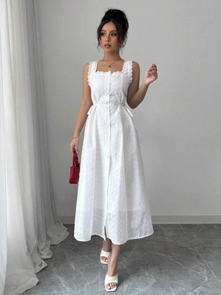 Rafferiza Women's Solid Color Embroidery Square Neck Sleeveless White Summer Dress | SHEIN