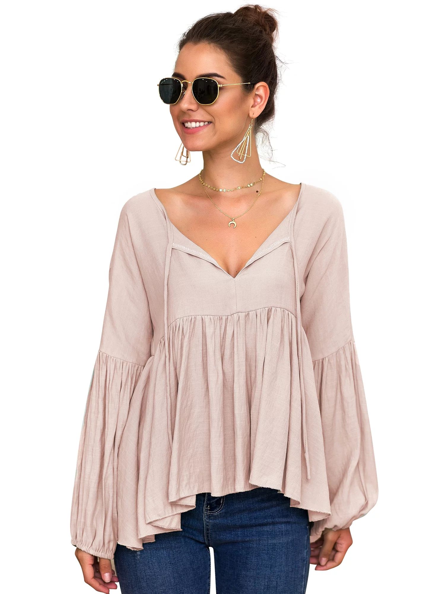 Fashion Classic Frill Long Sleeve Thin Loose Tops Blouse Shirt Ladies Ruffle Long Bell Sleeve Asy... | Walmart (US)