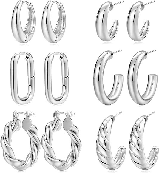 Gold Hoop Earrings Set for Women, 6 Pairs 14K Gold Plated Lightweight Hypoallergenic Chunky Open ... | Amazon (US)