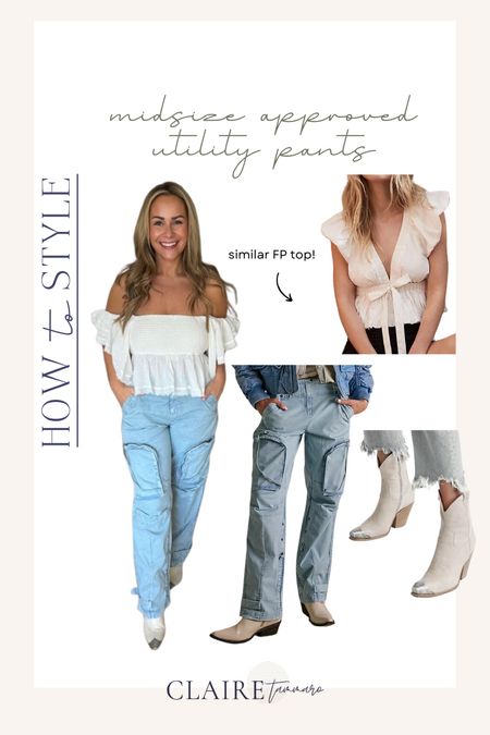 How to utility pants for a chic and stylish spring transition look ✨ midsize approved, spring outfits, spring outfit, midsize outfits, midsize friendly, free people utility pant, western booties 

#LTKmidsize #LTKstyletip #LTKSeasonal